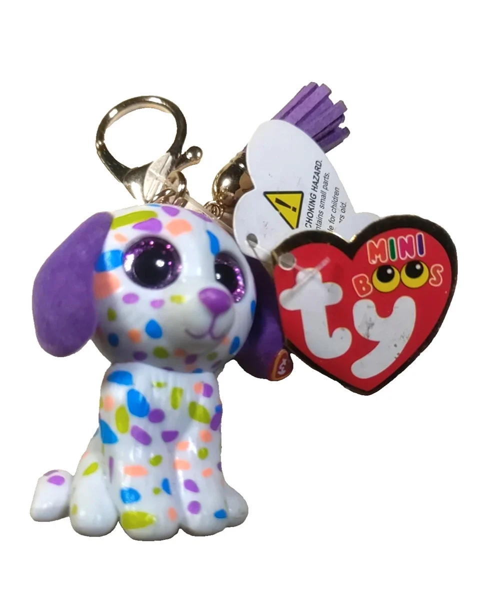 Mini Boos TY Puppy Dog Keychain Hard Plastic Gold Tone White Purple